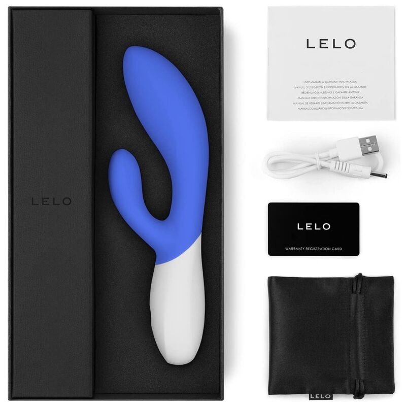 Vibrador azul e branco com acessórios e embalagem