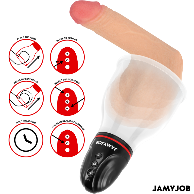Dispositivo anatómico preto e transparente com objeto tom pele e instruções em fundo branco