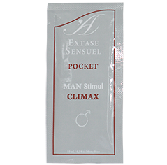 Pacote prata com texto branco e vermelho EXTASE SENSUEL POCKET MAN Stimul CLIMAX, símbolo masculino