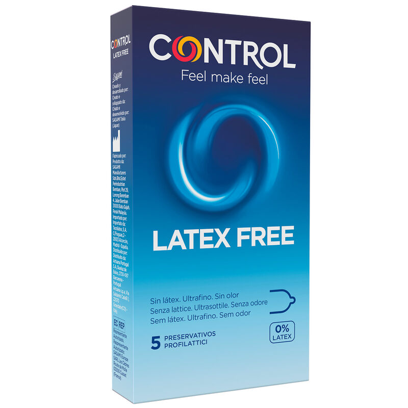Embalagem azul e branca de preservativos Control sem látex