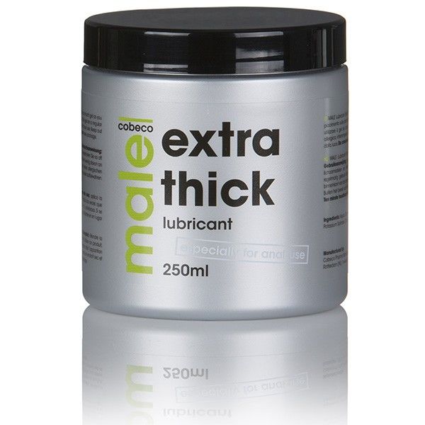 Frasco prateado de lubrificante male extra thick da marca cobeco com tampa preta