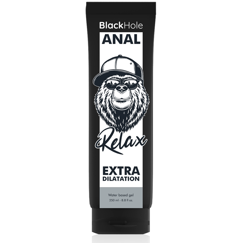 Frasco preto e branco com ilustração de urso e texto BlackHole ANAL Relax Extra Dilatation