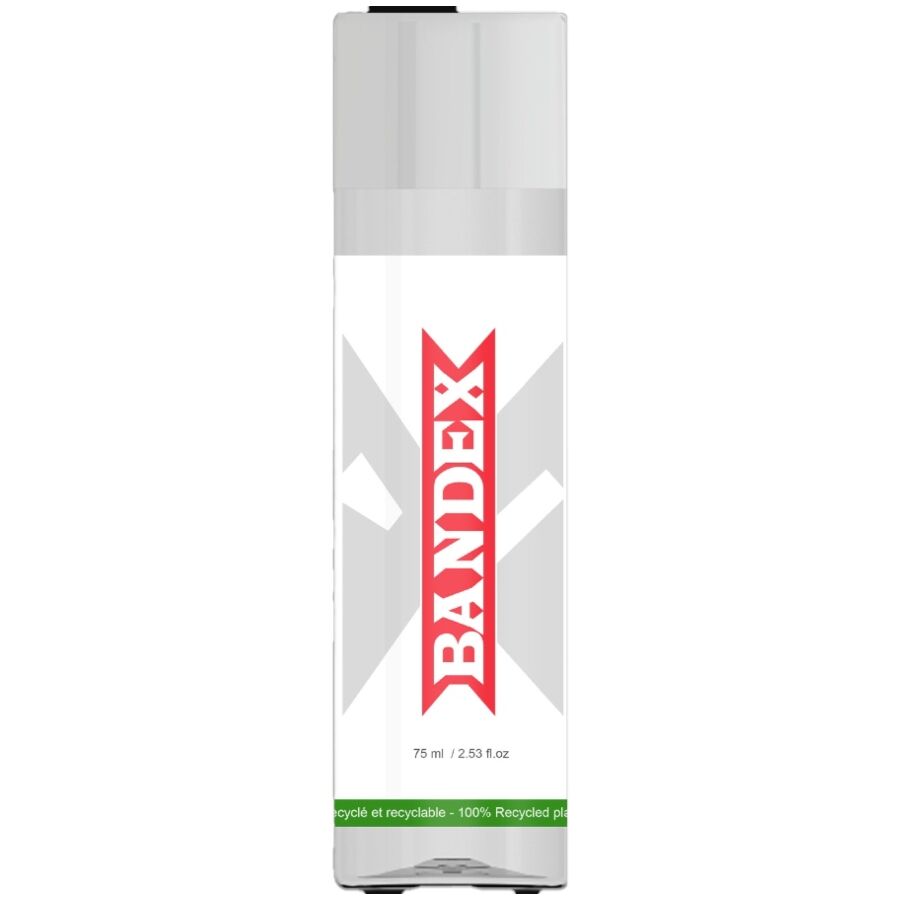 Frasco branco com texto BANDEX e tampa cinza