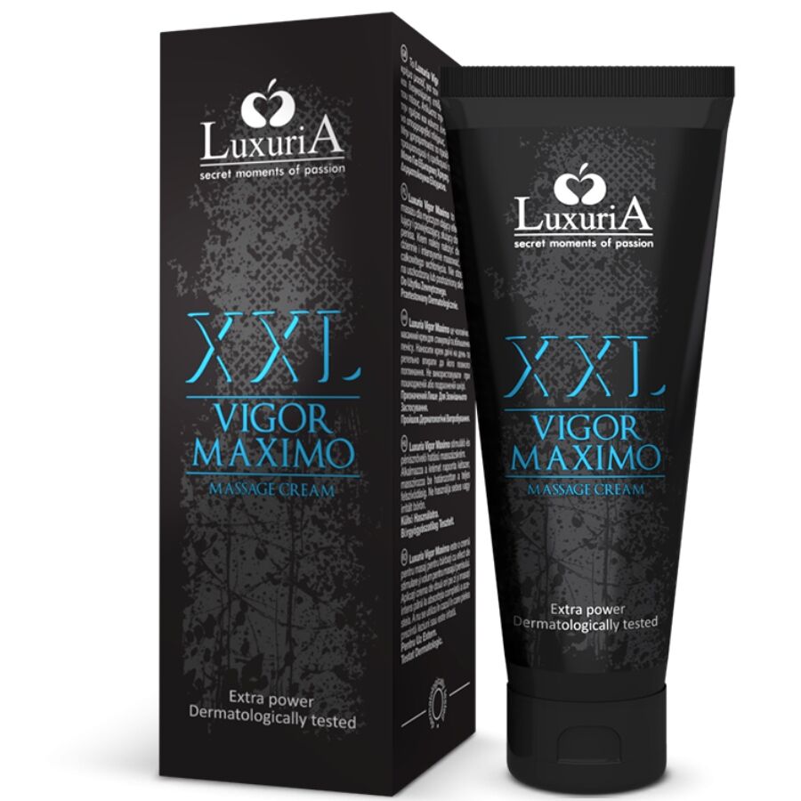 Creme de massagem LuxuriA XXL Vigor Máximo em embalagem preta com texto azul e branco