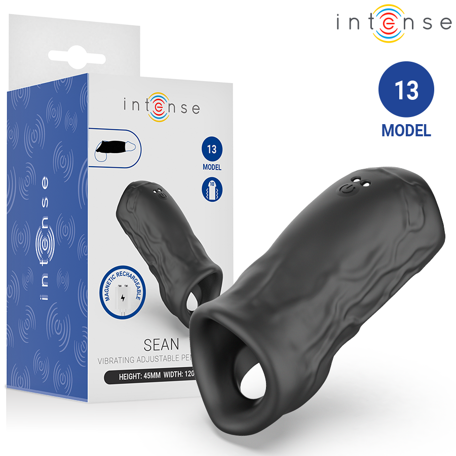 Produto preto em silicone texturizado em forma de anel vibratório ajustável para pénis, modelo 13, com embalagem branca e azul