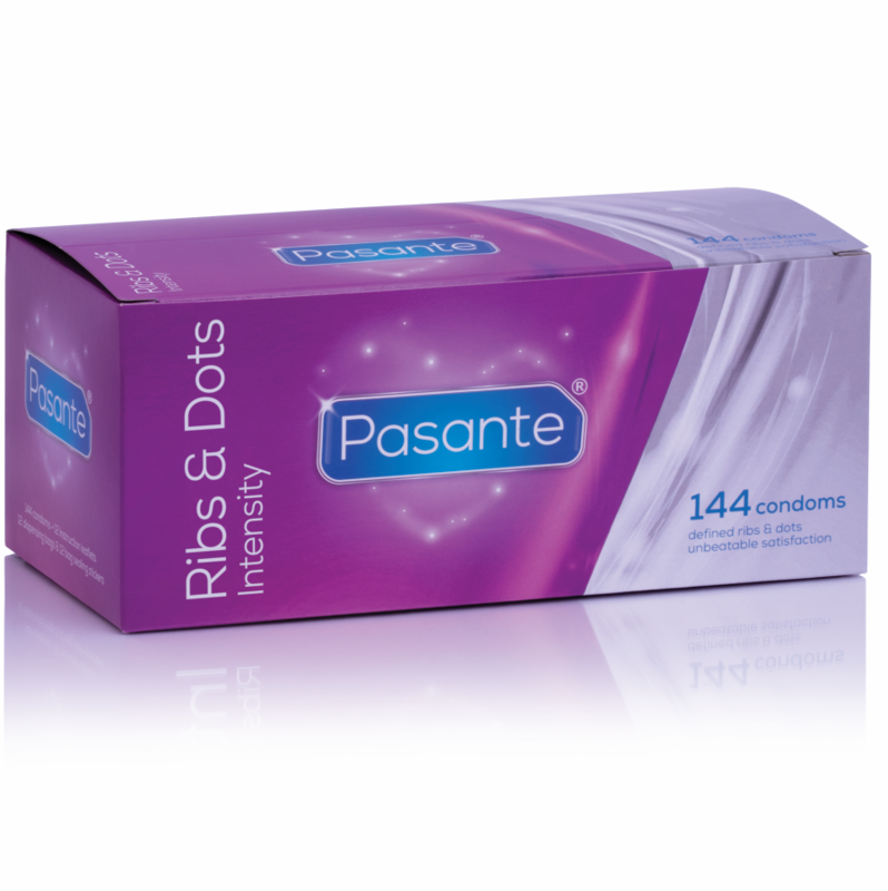 Embalagem roxa e branca de preservativos Pasante Ribs & Dots Intensity com 144 unidades