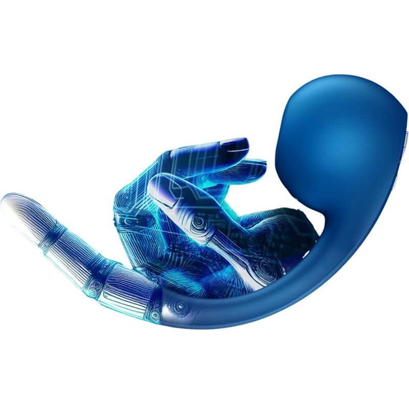 Dispositivo azul curvado ao lado de mão robótica translúcida azul
