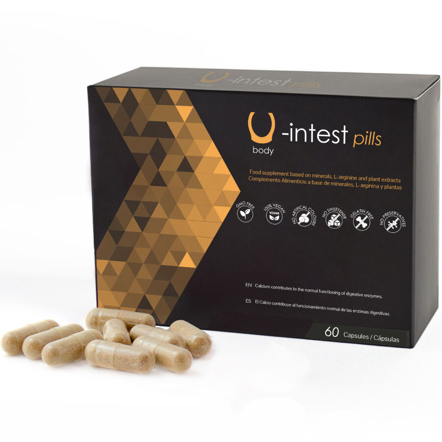 Suplemento alimentar em cápsulas U-intest pills em caixa preta com detalhes dourados.