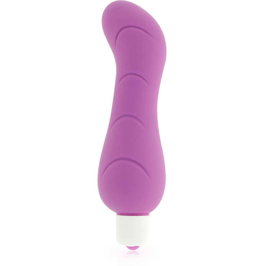 Vibrador roxo com base branca e textura ondulada