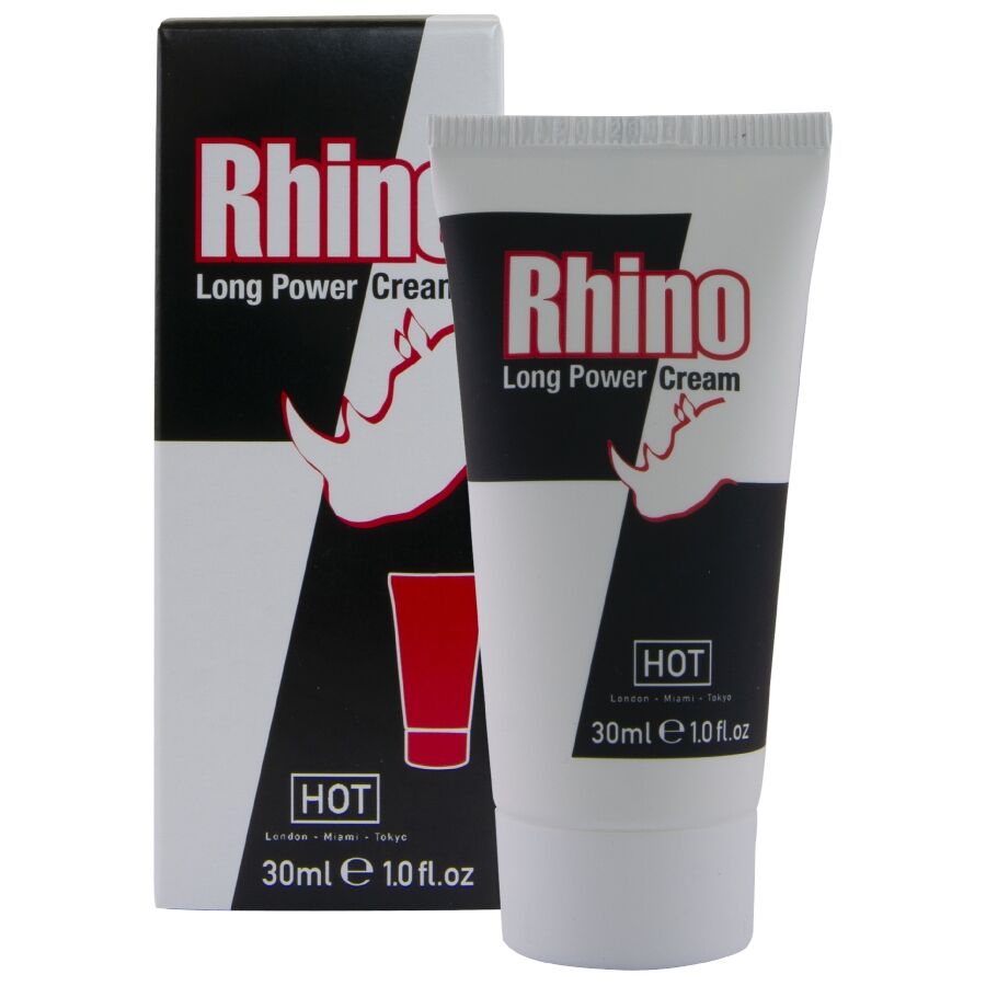 Creme Rhino Long Power Cream em tubo branco preto e vermelho