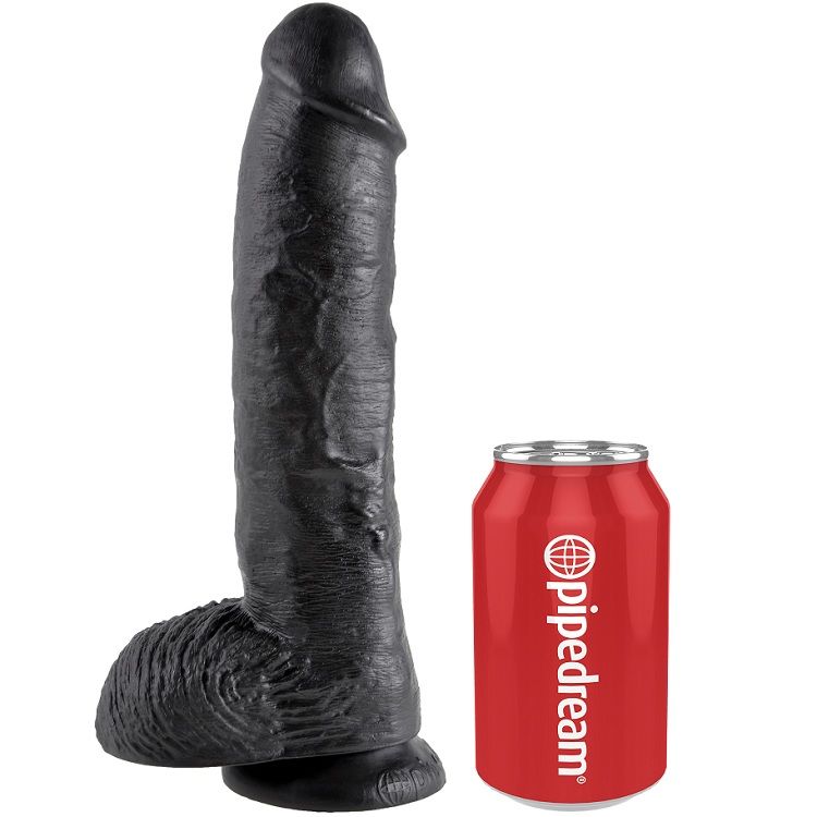 Dildo preto grande ao lado de uma lata vermelha com texto branco