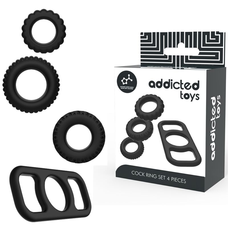 Conjunto de 4 anéis pretos para cock com embalagem da addicted toys