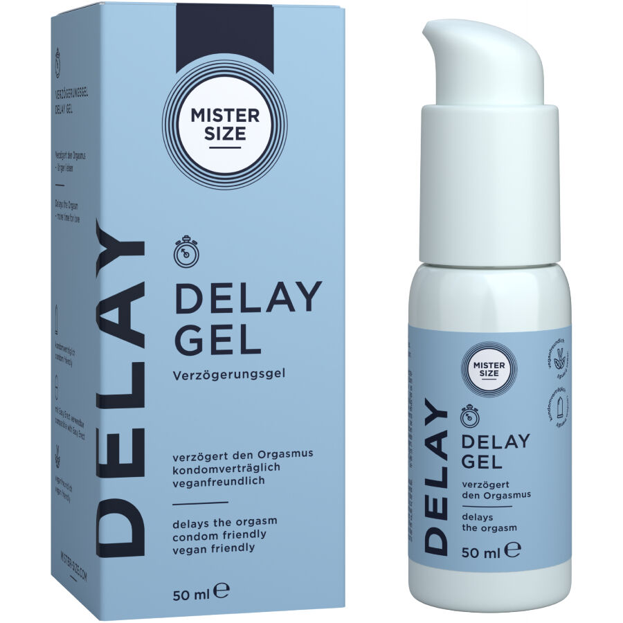 Frasco e embalagem do Mister Size Delay Gel 50 ml azul claro