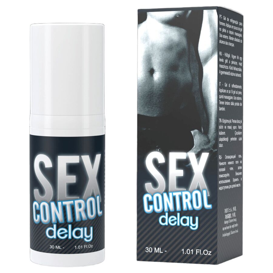 Frasco e embalagem do gel SEX CONTROL delay 30 ml com design masculino preto e branco.