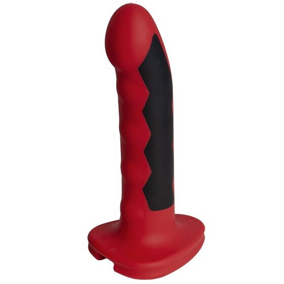 Dildo vermelho e preto com base larga sobre fundo branco