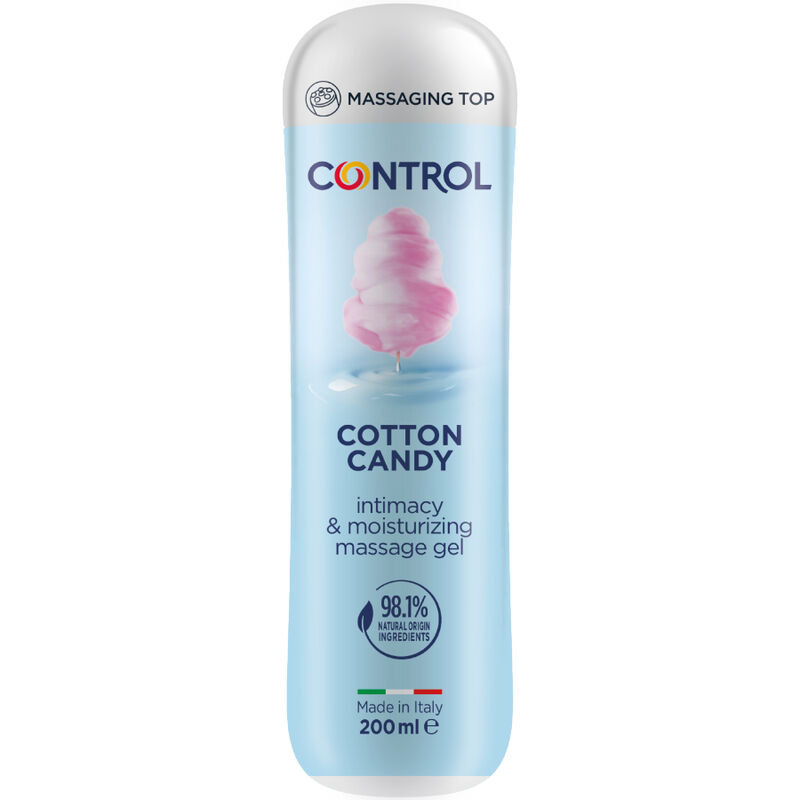 Frasco azul claro de gel de massagem íntima Control Cotton Candy com tampa branca e algodão doce rosa