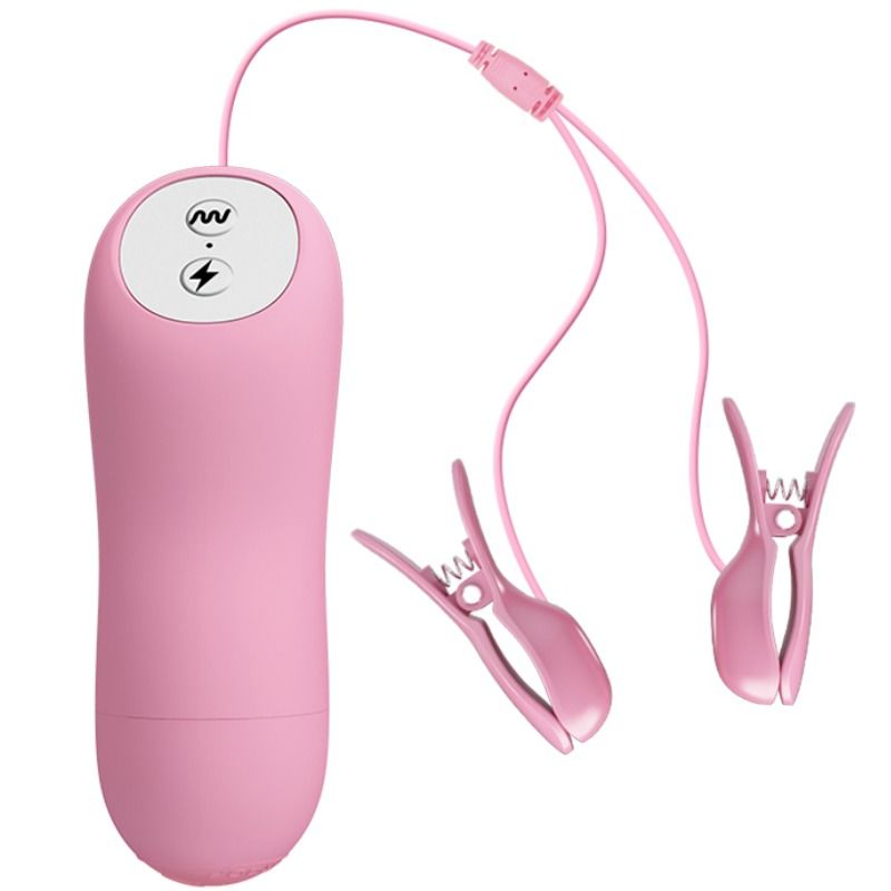 Dispositivo rosado com cabo e dois clips rosados com botão branco e ícones