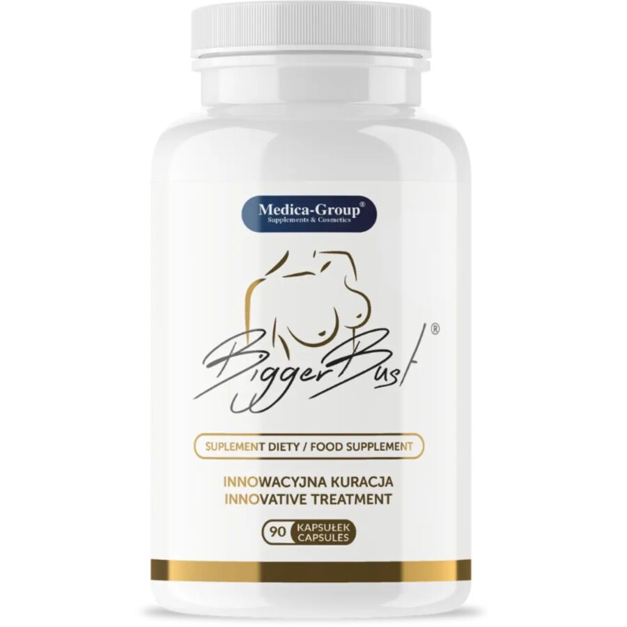 Frasco de suplemento alimentar Bigger Bust branco com texto e desenho de peito
