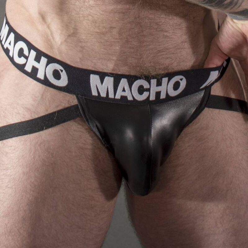 Jockstrap masculino preto brilhante com elástico na cintura onde está escrito MACHO