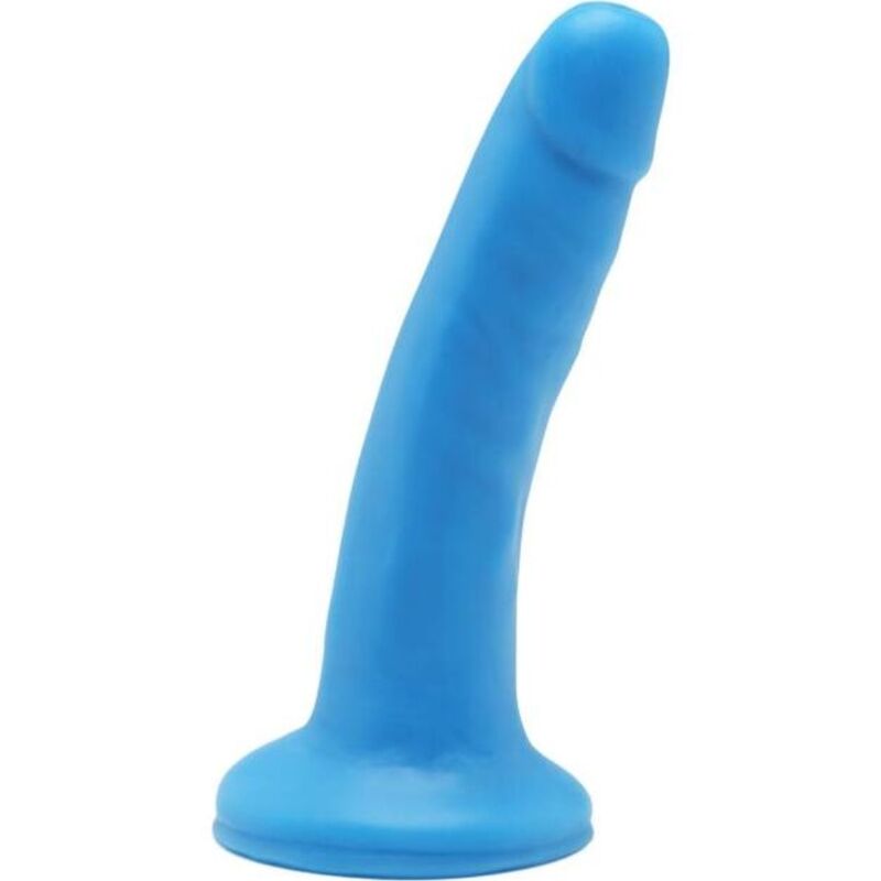 Dildo azul com base larga e forma cónica curvada