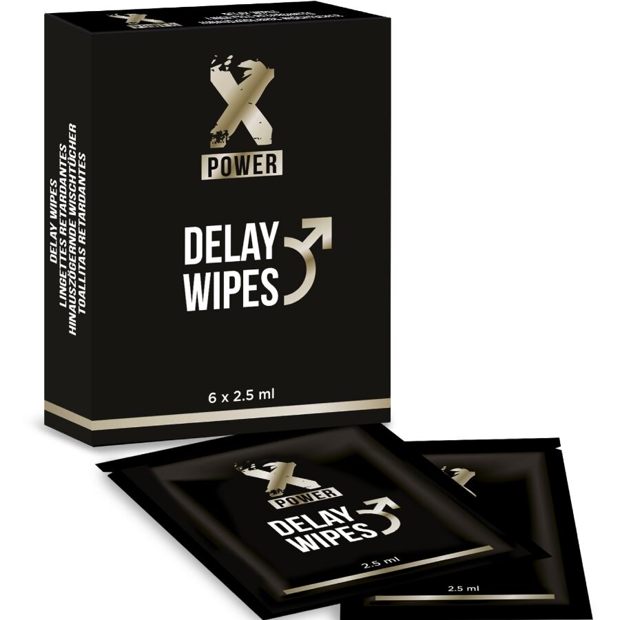 Caixa preta e pacotes individuais de lenços X Power Delay Wipes