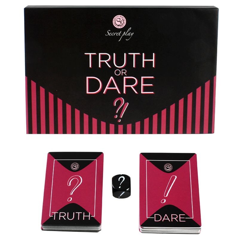 Jogo de cartas Truth or Dare com caixa preta e rosa e dado preto