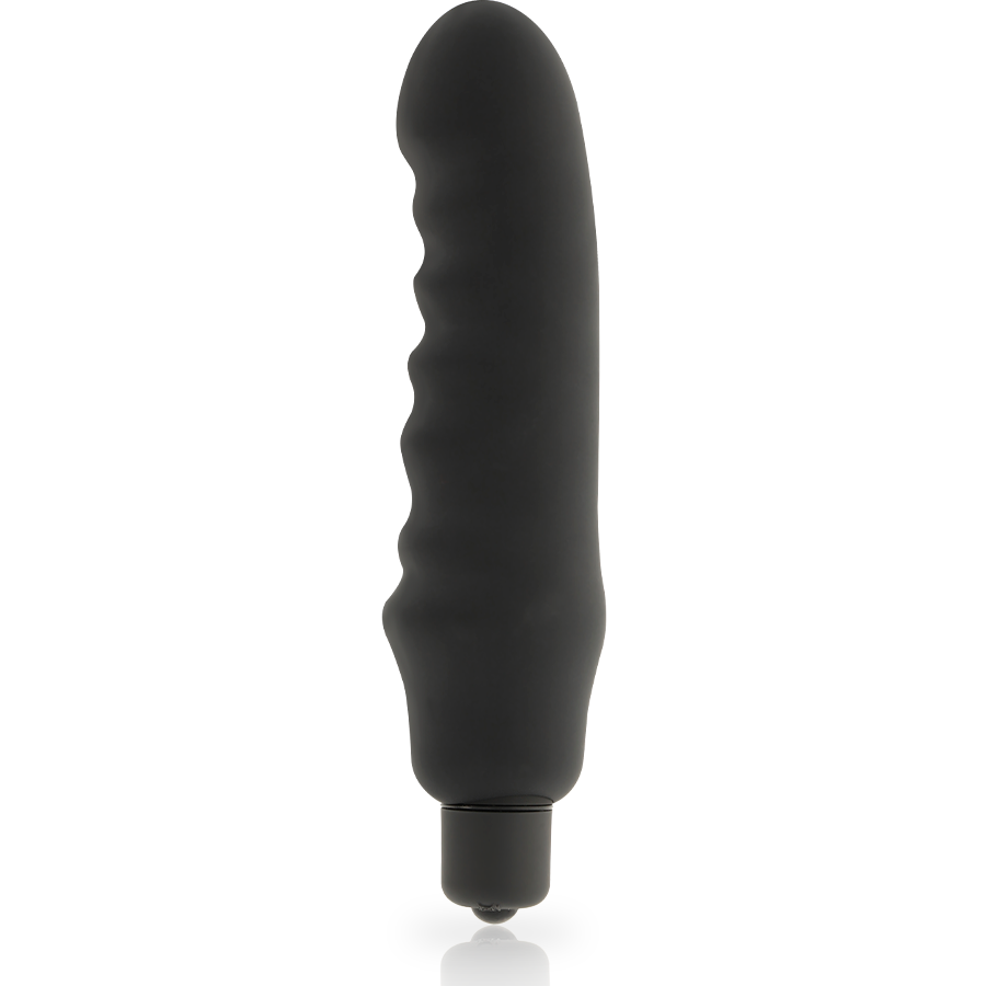 Vibrador preto texturizado com base cilíndrica sobre fundo branco