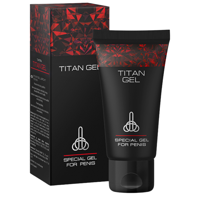 Embalagem e tubo de gel Titan Gel preto com detalhes em vermelho e branco.