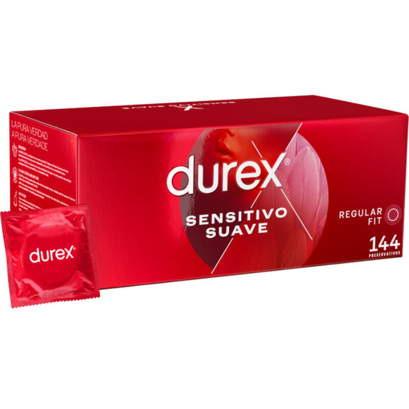 Caixa vermelha de preservativos Durex Sensitivo Suave Regular Fit com 144 unidades