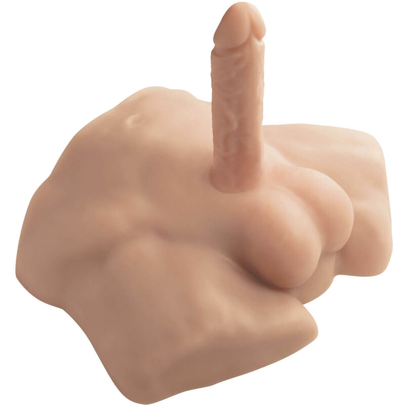Modelo em silicone cor de pele simulando peito masculino com penis ereto em fundo branco