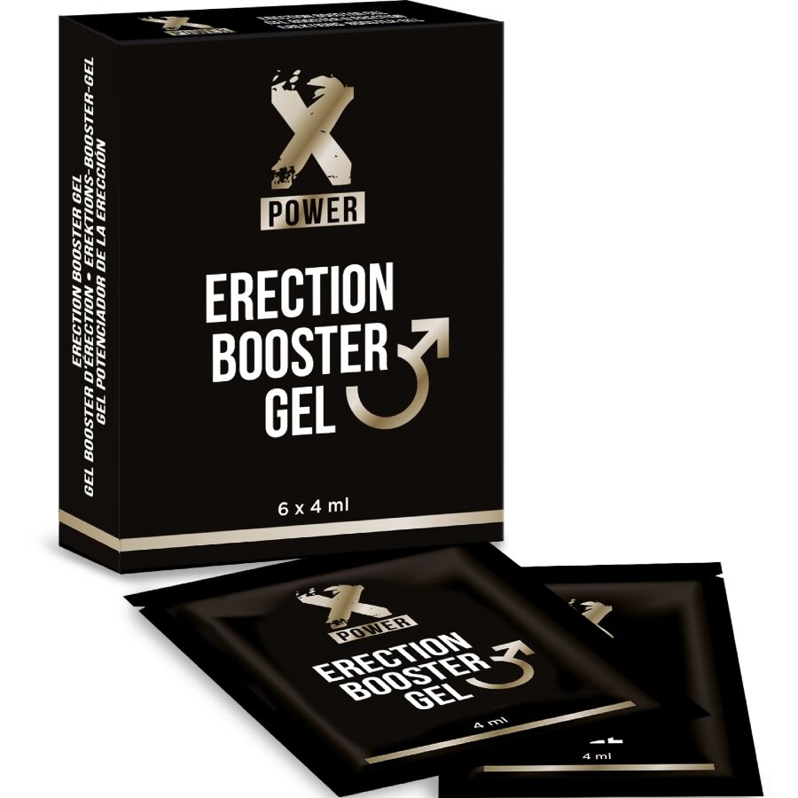 Embalagem preta do gel potenciador X Power Erection Booster Gel com sachês.