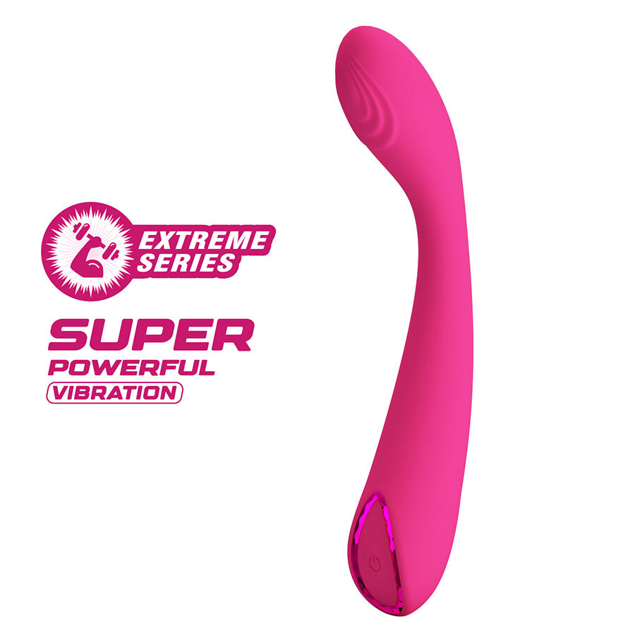 vibrador rosa curvado com texto EXTREME SERIES SUPER POWERFUL VIBRATION