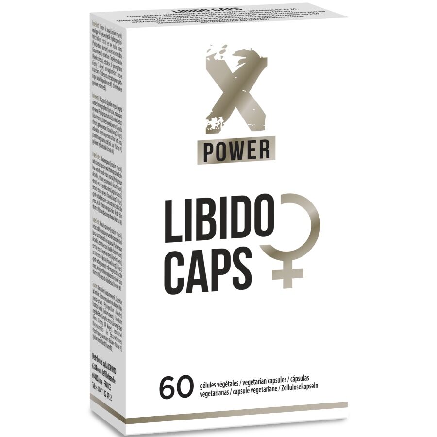 Embalagem branca do suplemento X POWER LIBIDO CAPS com símbolo feminino e indicação de 60 cápsulas vegetarianas