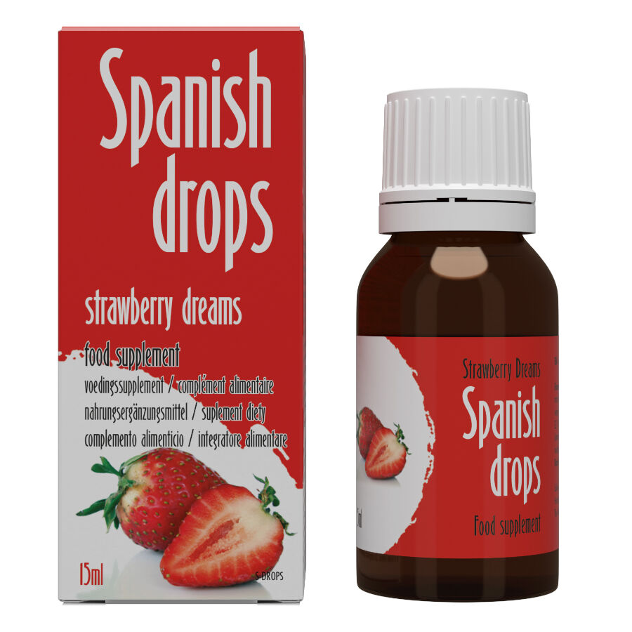 Embalagem e frasco do suplemento alimentar Spanish drops sabor Strawberry dreams com imagem de morangos