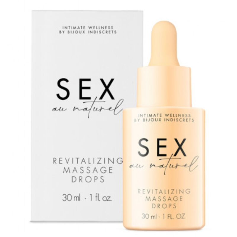 Gotas revitalizantes para massagem com frasco bege e caixa branca com texto preto