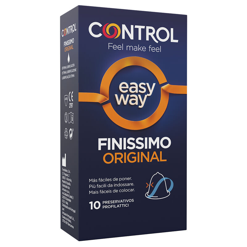 Caixa azul escura de preservativos CONTROL easy way Finissimo Original com texto e ilustração de preservativo
