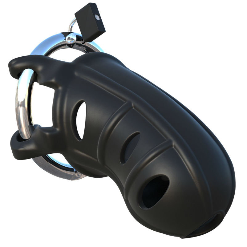 Dispositivo de contenção masculino em plástico preto com cadeado preto e argola metálica prateada