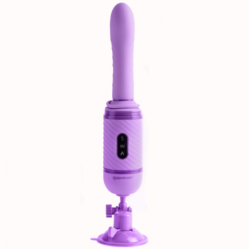 Vibrador lilás em silicone com ventosa e botões num fundo branco