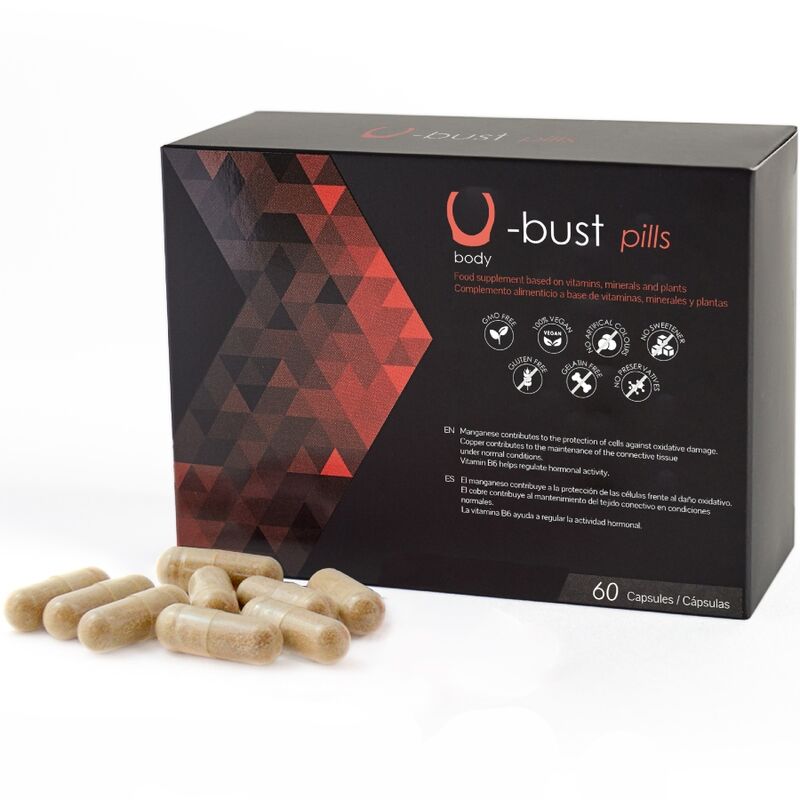 Suplementos U-bust pills em cápsulas com embalagem preta e detalhes vermelhos.
