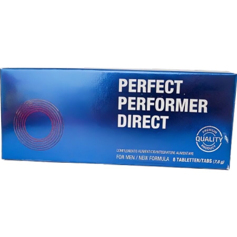 Embalagem azul metálica de suplemento PERFECT PERFORMER DIRECT com selo de qualidade