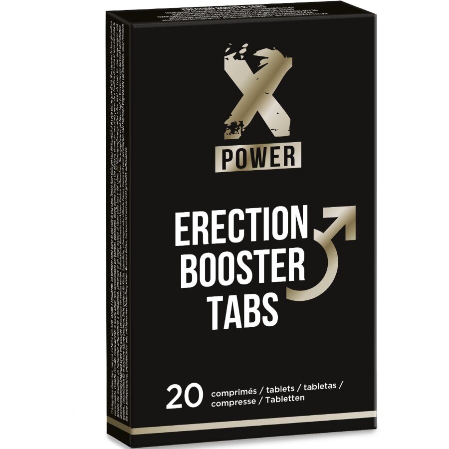 Embalagem preta de suplemento X POWER Erection Booster Tabs com 20 comprimidos
