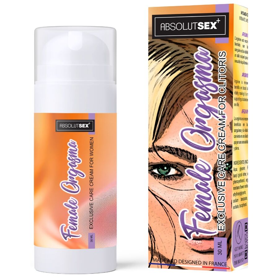 Creme feminino em embalagem branca e laranja com texto e caixa com ilustração de rosto feminino