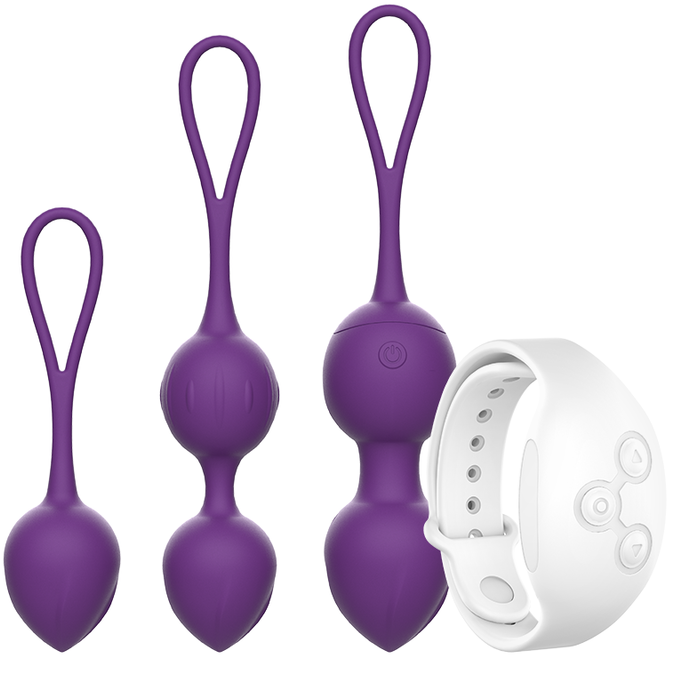 Conjunto três bolas roxas de silicone com alças e pulseira branca ajustável