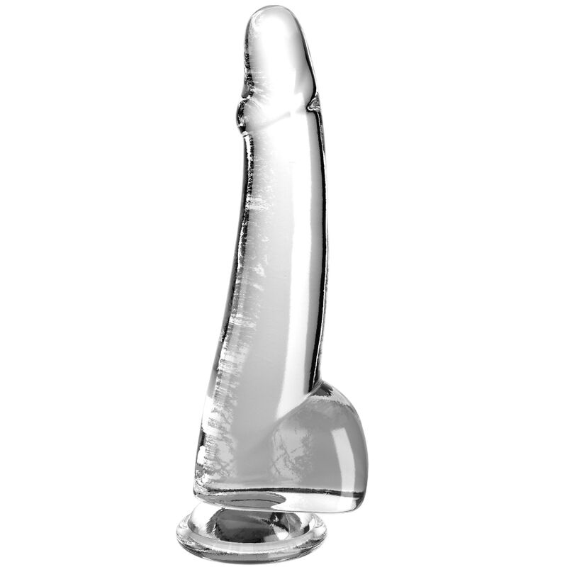 Dildo transparente com base ampla circular e detalhes realistas.