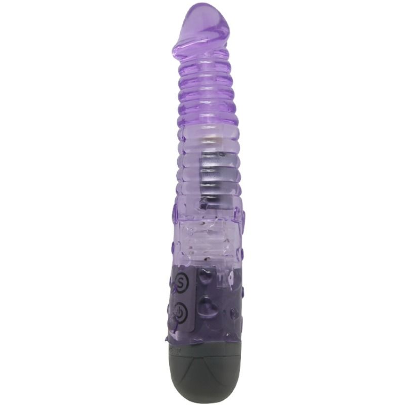 Vibrador roxo translúcido com base preta e textura estriada