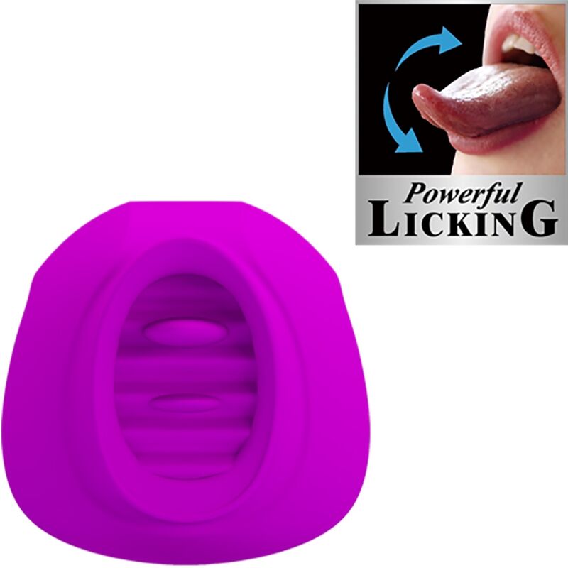 dispositivo roxo com textura interna e imagem de língua a lamber com texto