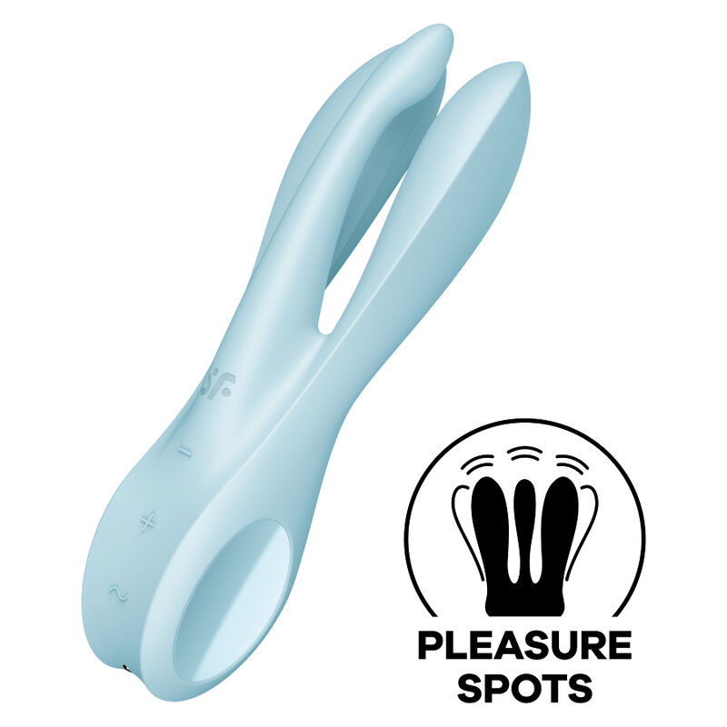 Produto azul claro em silicone com design alongado duplo e texto 'PLEASURE SPOTS'.