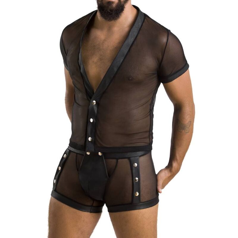 Conjunto masculino transparente preto com botões e tachas metálicas