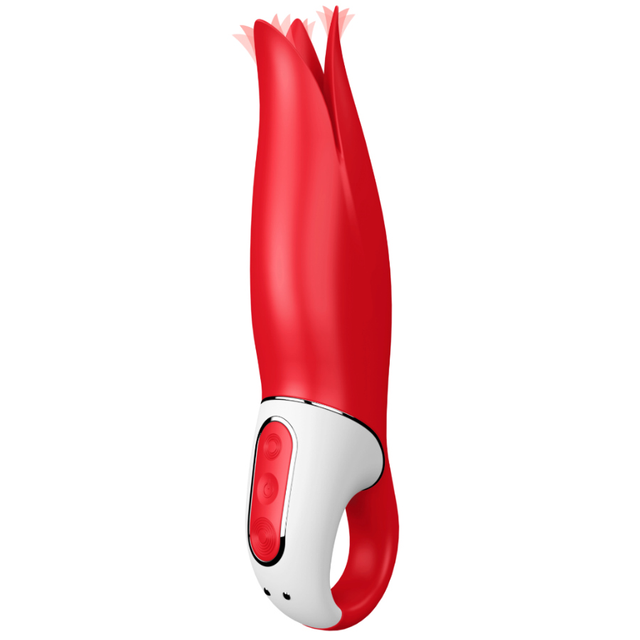 Vibrador vermelho em forma de flor com base branca e botões vermelhos