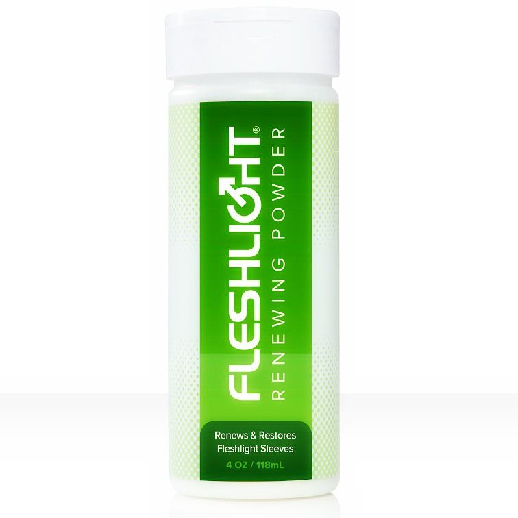 Frasco branco com rótulo verde do pó renovador Fleshlight